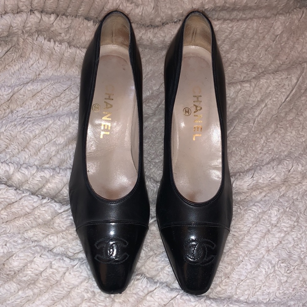 Vintage Chanel 36.5 Black Cap Toe CC Pumps with 3.5” Heel.  Excellent Condition!